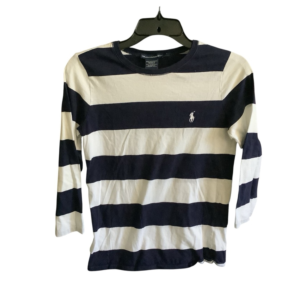 Medium Ralph Lauren Sport 3/4 Sleeve T Shirt Blue White Stripe.White Pony
